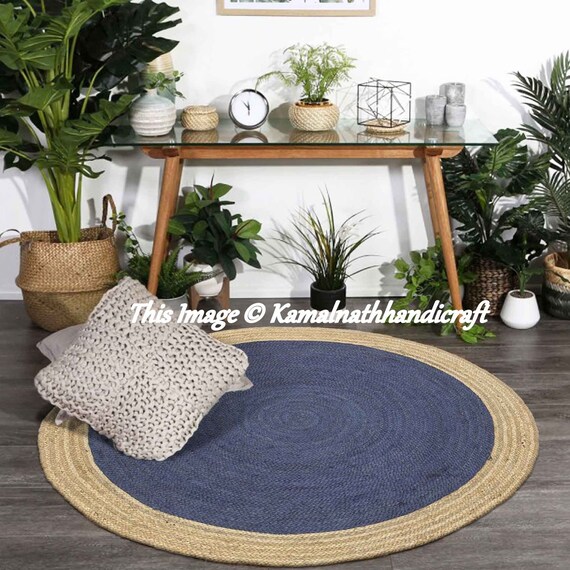 6 Feet Blue Hand Braided Bohemian Jute Area Rug Round Home - 6 Foot Round Rug Blue 6 Feet Blue Hand Braided Bohemian Jute Area Rug Round Home - 6 Foot Round Rug Blue