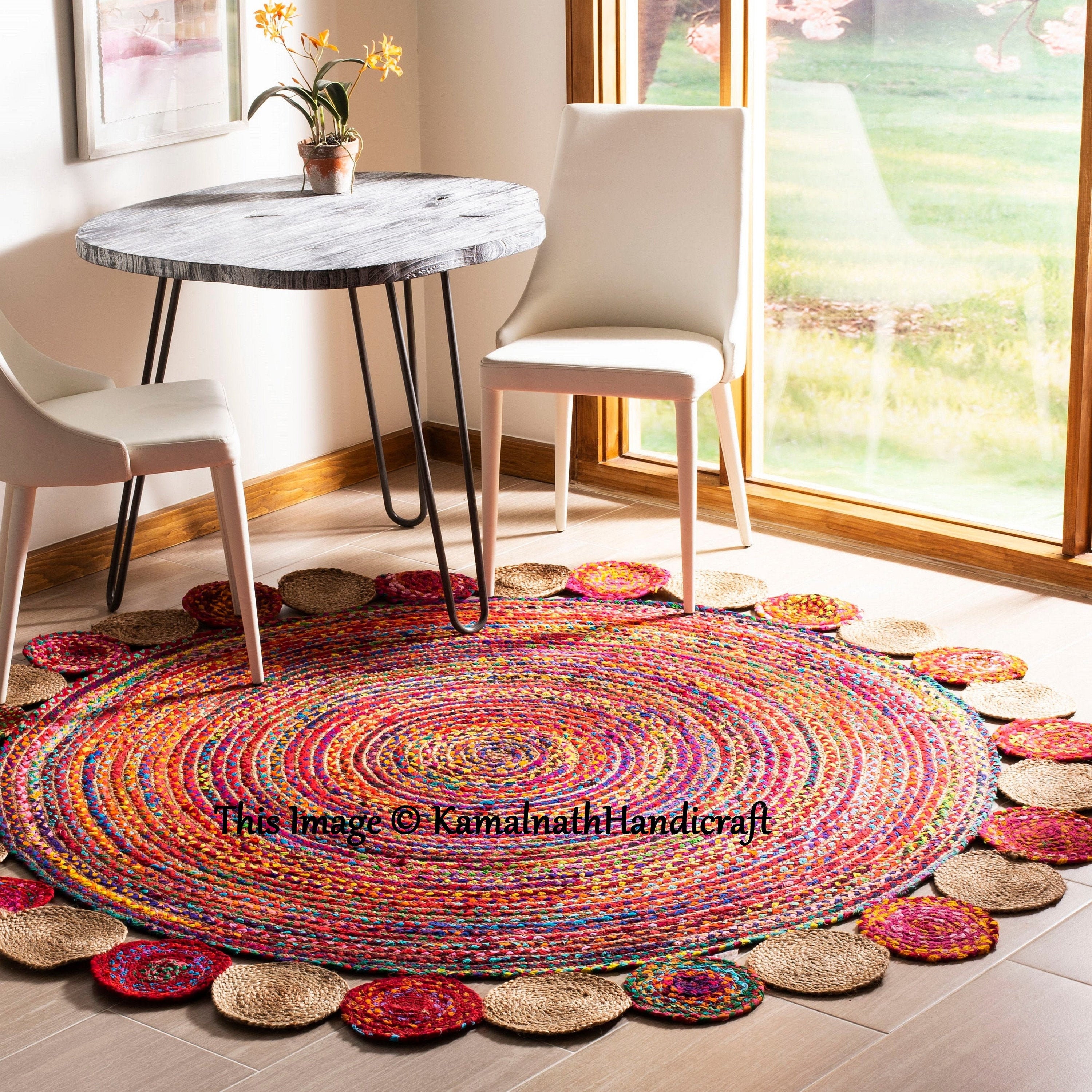 4x4 feet Indian Hand Braided Bohemian Cotton Chindi Area Rug Multi Color Home Decor Rugs Cotton Area Rugs Round Shape Multi Braided Rug Rag
