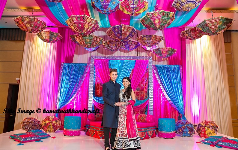 100 Pcs Indian Wedding Umbrella Floral Designer Outdoor Decorations Party Decorations Cotton Fabric Mirror Work Vintage