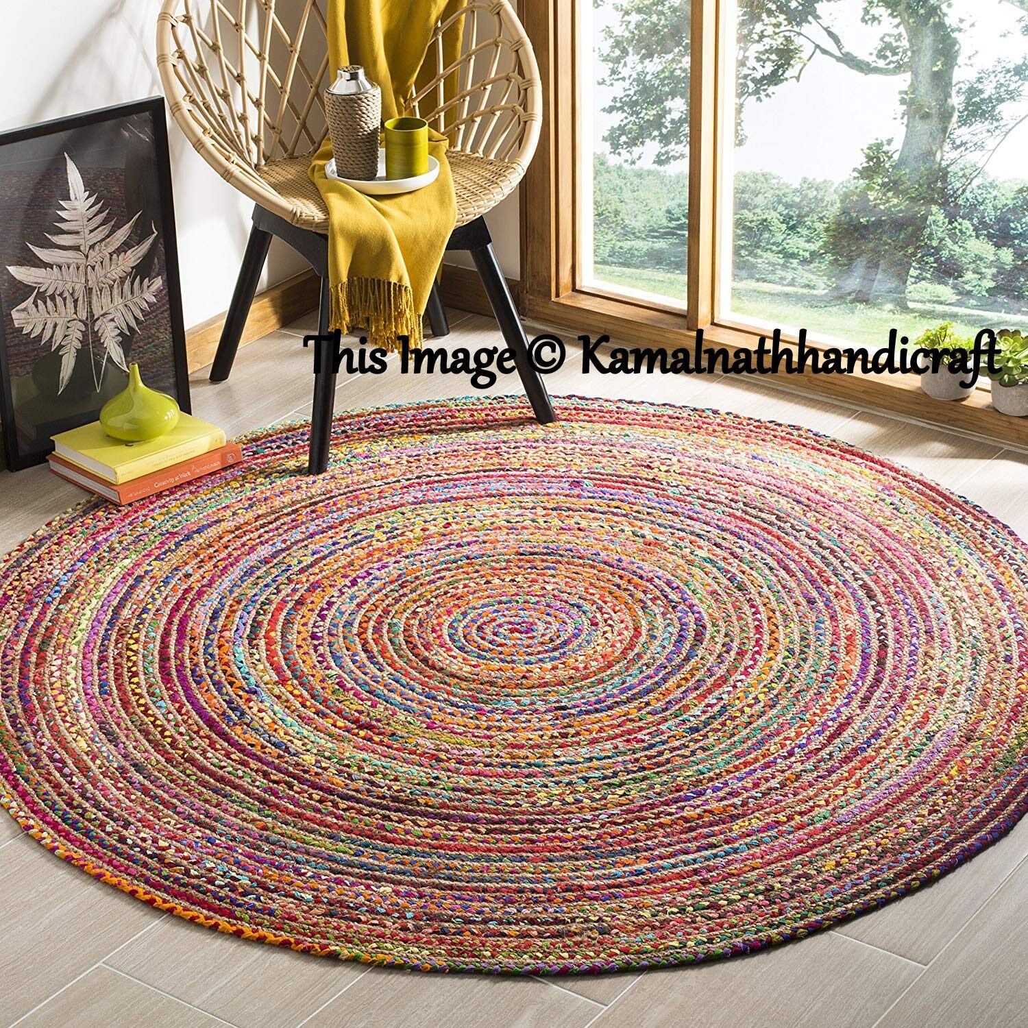 4x4 feet Indian Hand Braided Bohemian Cotton Chindi Area Rug Multi Color Home Decor Rugs Cotton Area Rugs Round Shape Multi Braided Rug Rag