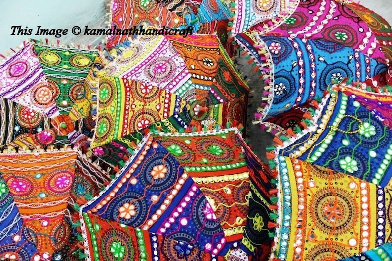20 Pcs Lot Indian Cotton Fabric Mirror Work Vintage Parasol Wedding Umbrella Outdoor Decorations Handmade Embroidery Ethnic Umbrella Parasol