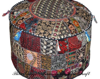14X22" Patchwork Round Ottoman Pouf Moroccan Pillow Cover Indian Cotton Boho Art