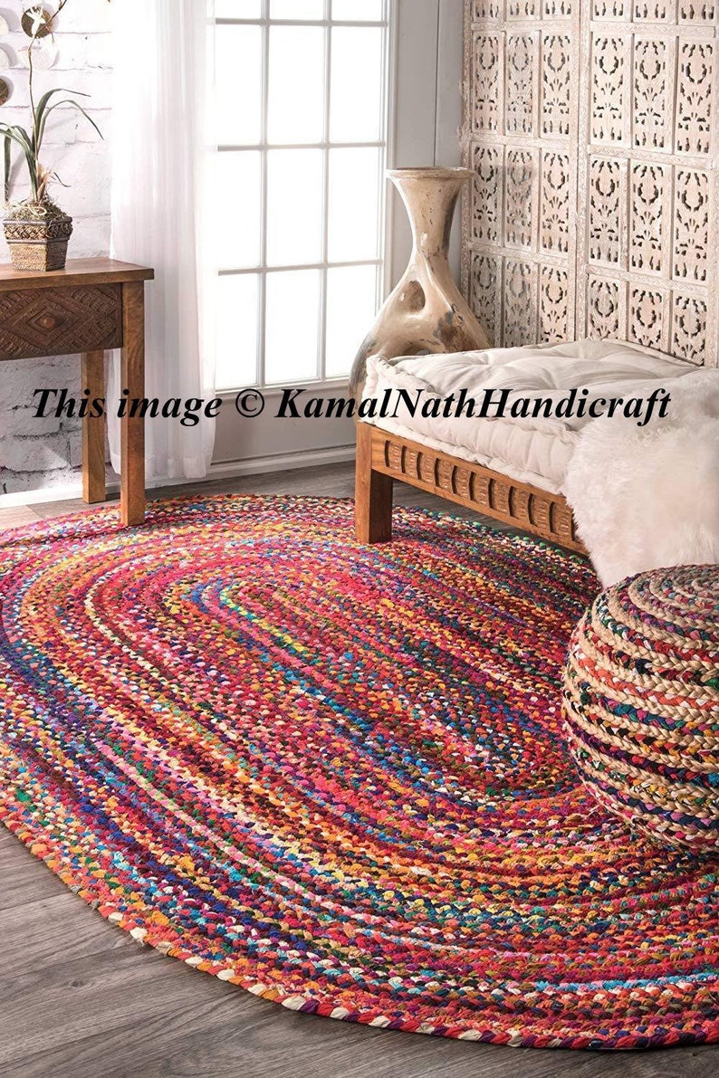 Hand Braided Bohemian Colorful Cotton Chindi Area Rug Multi Colors Home Decor Rugs Oval Shape Rag Floor 3x5
