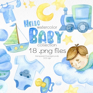 Watercolor Baby Boy Clip Art / Boy Room, Nursery Art, Baby Shower / Printable, Digital PNG Files / Instant Download