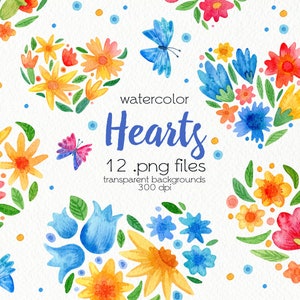 Watercolor Hearts Clipart / Valentines Day / Floral Heart / PNG Files / Instant Download