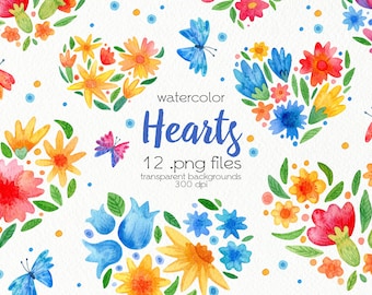 Watercolor Hearts Clipart / Valentines Day / Floral Heart / PNG Files / Instant Download