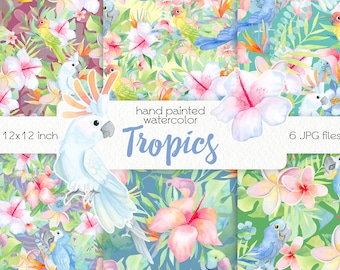 Watercolor Tropical Birds Digital Paper / Parrots Scrapbook Paper / Seamless Patterns / Digital Files / Instant Download