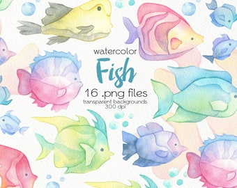 Watercolor Ocean Clipart / Tropical Fish Clipart / Digital PNG Files / Instant Download