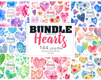 Clipart de corações em aquarela / Pacote de coração / Gráficos do Dia dos Namorados / Arquivos PNG / Download instantâneo