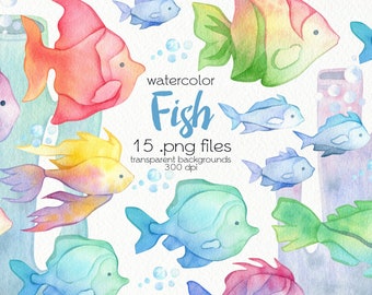 Watercolor Ocean Clipart / Tropical Fish Clipart / Printable, Digital PNG Files / Instant Download