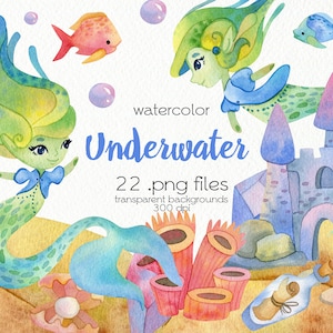 Aquarell Meeresleben / Unter dem Wasser Clipart / Meer Meerjungfrauen / Schloss, Schätze, Kristalle / Digitale PNG Dateien / Sofortiger Download