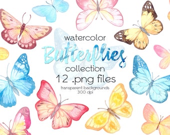 Watercolor Multicolor Butterflies Clipart / Separate PNG Element / Digital Butterfly / DIY Clip Art / fairy tale clipart
