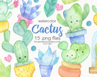 Watercolor Cactus Clipart / Cute Succulents / PNG Files / Instant Download