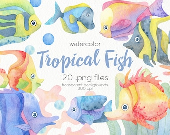 Clipart de oceano em aquarela / Clipart de peixes tropicais / Para impressão, arquivos PNG digitais / Download instantâneo