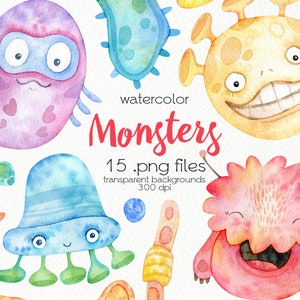 Acuarela Monstruos Clipart / Virus lindo / Bacterias / Microbios / PNG / Descarga instantánea