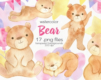 Watercolor Pink Baby Bear Clipart / PNG Files / Instant Download