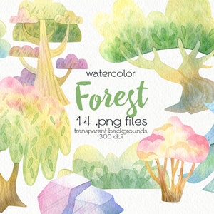 Watercolor Trees Clipart / Cartoon Forest / PNG Files / Instant Download