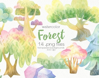 Aquarel bomen Clipart / Cartoon Forest / PNG Bestanden / Instant Download