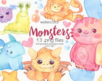 Watercolor Baby Monsters Clipart / Halloween Monsters / Creepy Creatures / Aliens / Digital PNG Files / Instant Download