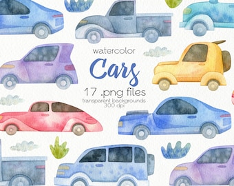 Watercolor Transport Clipart / Cartoon Cars / Digital PNG Files / Instant Download