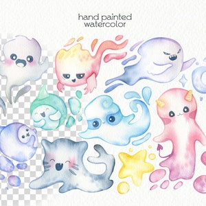 May include: Watercolor illustration of various cute, colorful cartoon creatures. The image includes ghosts, a cat, and other whimsical characters in shades of blue, pink, yellow, and green. Text at the top reads "hand painted watercolor."