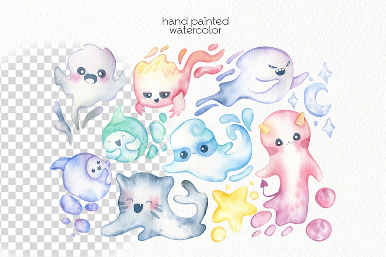 May include: Watercolor illustration of various cute, colorful cartoon creatures. The image includes ghosts, a cat, and other whimsical characters in shades of blue, pink, yellow, and green. Text at the top reads "hand painted watercolor."