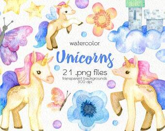 Puede incluir: Ilustraciones de acuarela de unicornios, mariposas, flores, estrellas y un castillo. Las ilustraciones están en tonos de rosa, azul, amarillo y morado. El texto "watercolor Unicorns 21 .png files transparent backgrounds 300 dpi" está escrito en azul.