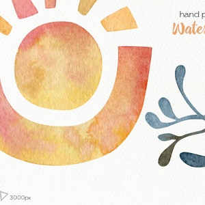 K&ouml;nnte beinhalten: Handgemalte Aquarell-Illustration einer Sonne mit gelbem Zentrum und orangefarbenen und rosafarbenen Au&szlig;enkanten. Die Sonne ist von einer stilisierten blauen und grauen Pflanze umgeben.