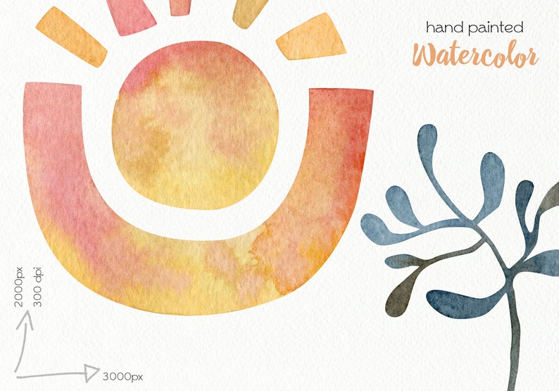 K&ouml;nnte beinhalten: Handgemalte Aquarell-Illustration einer Sonne mit gelbem Zentrum und orangefarbenen und rosafarbenen Au&szlig;enkanten. Die Sonne ist von einer stilisierten blauen und grauen Pflanze umgeben.