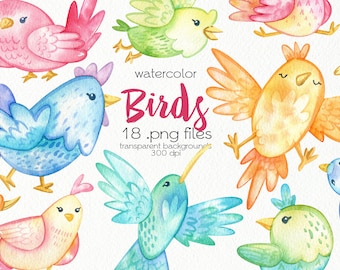 Watercolor Birds Clipart / Cartoon Birds / PNG Files / Instant Download