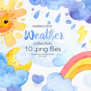 Acuarela Clima Clipart / Linda Luna Sol Estrellas Nubes Arco Iris / Archivos PNG Digitales / Descarga Instantánea