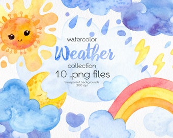 水彩画の天気クリップアート / かわいい月、太陽、星、雲、虹 / デジタル PNG ファイル / 即時ダウンロード
