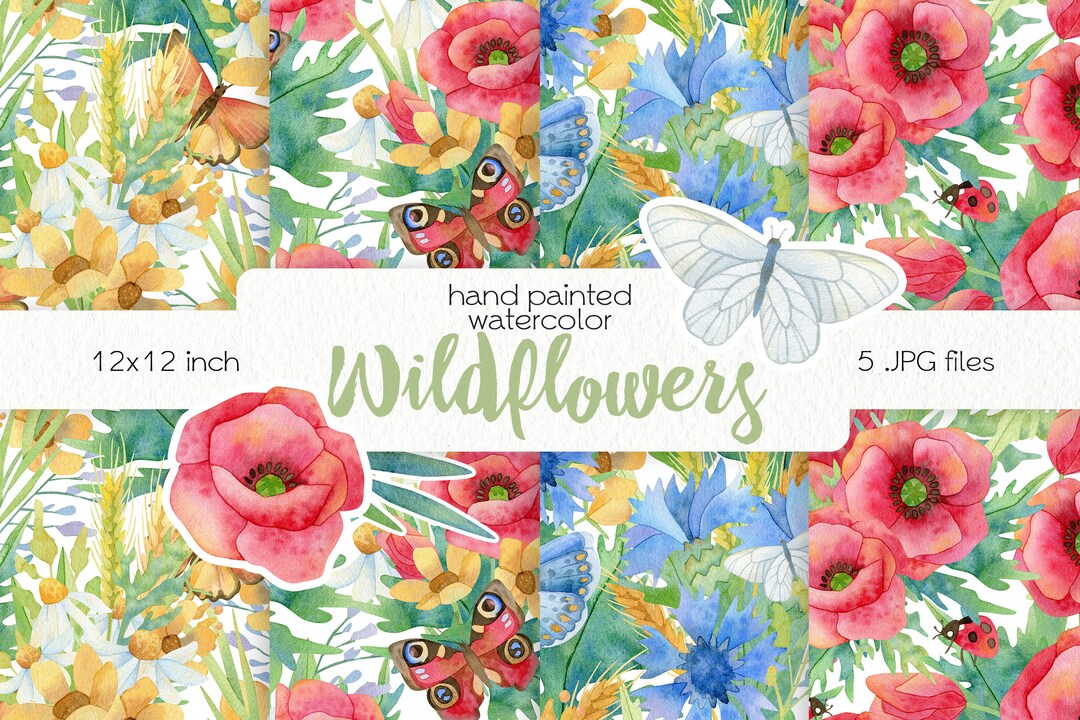 Watercolor Wildflowers / Scrapbook Paper / Seamless Patterns / Digital ...