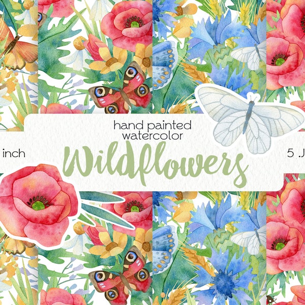 Watercolor Wildflowers / Scrapbook Paper / Seamless Patterns / Digital Files / Instant Download