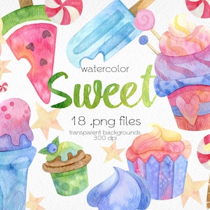 Watercolor Ice Cream and Cupcakes Clipart / Summer Sweet Food / Digital PNG Files / Instant Download
