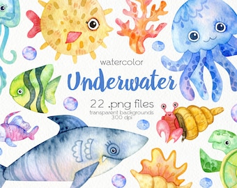 Watercolor Underwater Clipart / Sea Creatures / Jellyfish, Shark, Sword Fish, Octopus, Turtle / PNG Files / Instant Download
