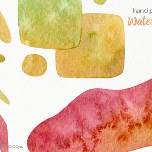 K&ouml;nnte beinhalten: Handgemalte Aquarell-Abstrakte Formen in Gr&uuml;n-, Gelb-, Orange- und Rott&ouml;nen. Die Formen sind in einem modernen, abstrakten Design angeordnet. Der Text "hand painted Watercolor" steht in der oberen rechten Ecke des Bildes.