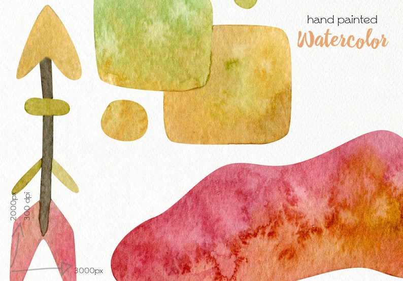 K&ouml;nnte beinhalten: Handgemalte Aquarell-Abstrakte Formen in Gr&uuml;n-, Gelb-, Orange- und Rott&ouml;nen. Die Formen sind in einem modernen, abstrakten Design angeordnet. Der Text "hand painted Watercolor" steht in der oberen rechten Ecke des Bildes.