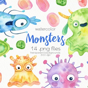 May include: Watercolour illustrations of 14 colourful cartoon monsters with googly eyes and friendly expressions. The monsters are in various shapes and sizes, including a green blob, a blue bug, a yellow creature, and a purple virus. The text "watercolor monsters 14 .png files transparent backgrounds 300 dpi" is written in blue text below the monsters.