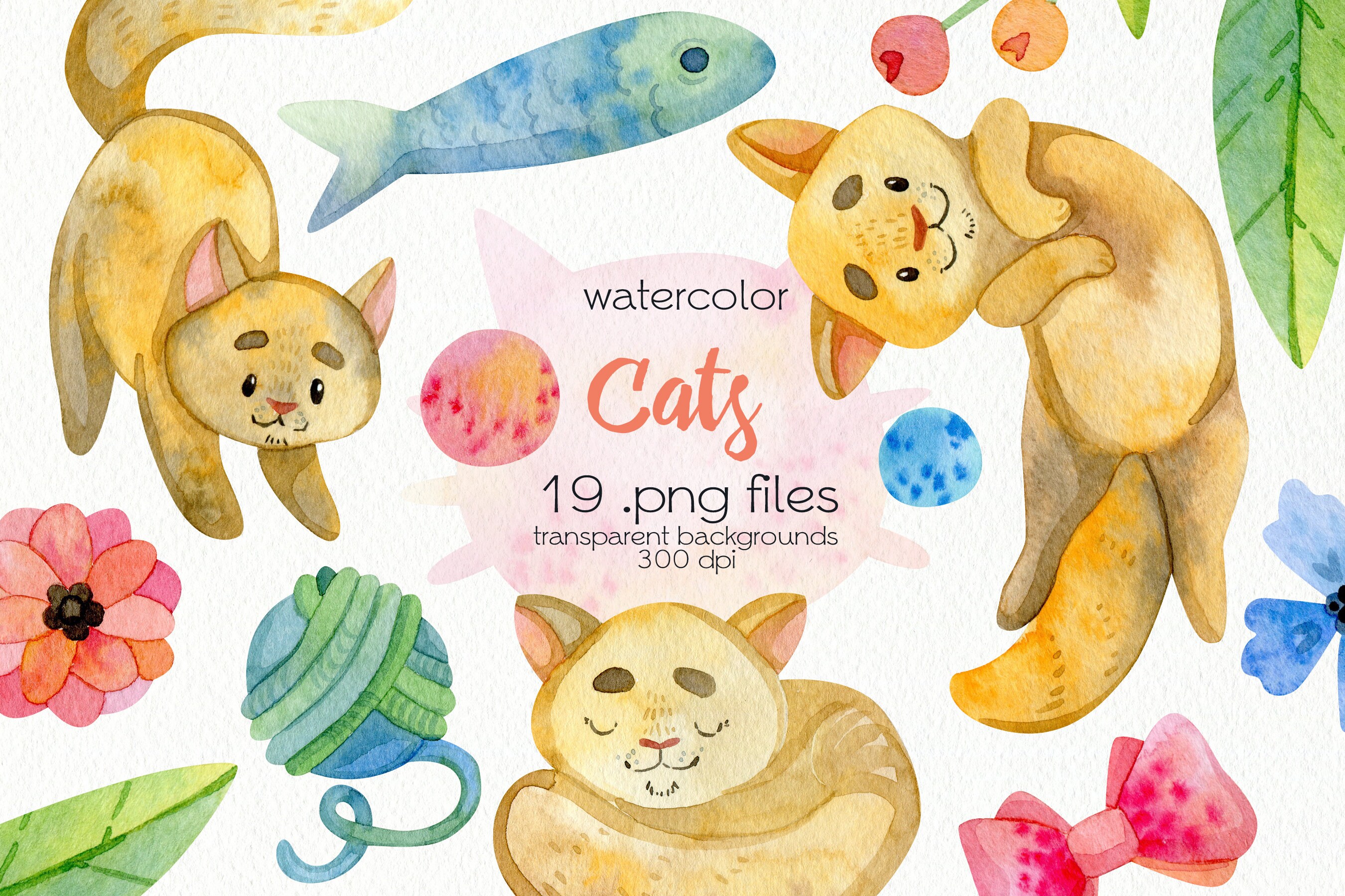 Digital PNG Files Instant Download Ginger Pet Cute Kitten Watercolor Cats Clipart