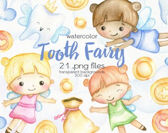 Watercolor Tooth Fairy Clipart / PNG Files / Instant Download