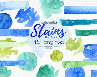 Aquarel Spots Clipart / Blauw, Groene Borstel Spatten en Vlekken / Texturen / Blobs / Vormen / Digitale PNG Bestanden / Instant Download