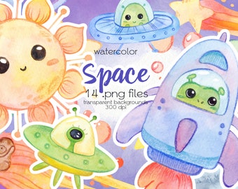 Space Watercolor Clip Art / Planets, Stars, Sun, Aliens, Spaceships / Digital PNG Files / Instant Download
