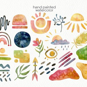 K&ouml;nnte beinhalten: Ein Set handgemalter Aquarellillustrationen mit abstrakten Formen, Sonne, Wolken, Blumen, Bl&auml;ttern und geometrischen Mustern in verschiedenen Farben, darunter Gelb, Orange, Rot, Blau, Gr&uuml;n und Braun.