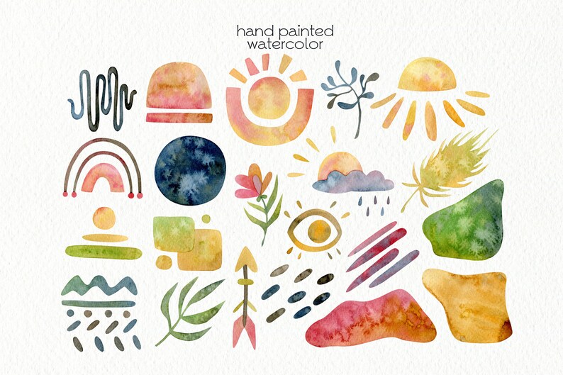 K&ouml;nnte beinhalten: Ein Set handgemalter Aquarellillustrationen mit abstrakten Formen, Sonne, Wolken, Blumen, Bl&auml;ttern und geometrischen Mustern in verschiedenen Farben, darunter Gelb, Orange, Rot, Blau, Gr&uuml;n und Braun.
