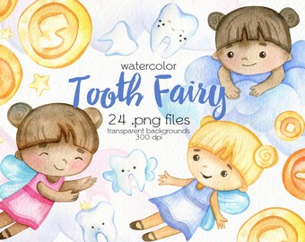 Watercolor Tooth Fairy Clipart / PNG Files / Instant Download