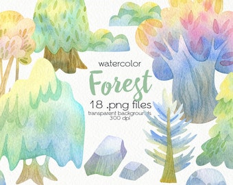 Aquarel bomen Clipart / Cartoon Forest / PNG Bestanden / Instant Download