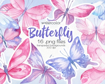 Watercolor Multicolored Butterfly Clipart / Purple, Pink, Blue Butterflies / PNG Files / Instant Download