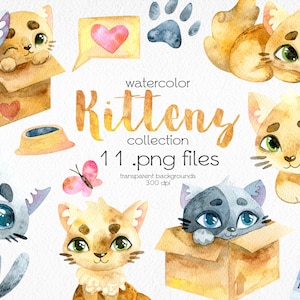 Cute Kittens Clipart / Hand Painted Cats Clipart / Watercolor Animals / Printable, Digital PNG Files / Instant Download