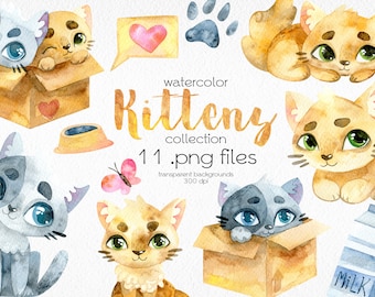 Lindo gatitos Clipart / gato pintado a mano Clipart / acuarela animales / imprimible, archivos PNG digitales / Descarga instantánea